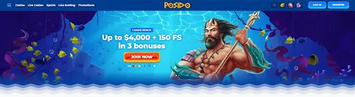 Posido casino hero banner with Neptune and welcome bonus offer Posido hero banner featuring Neptune holding a trident beside 'Up to $4,000 + 150 FS in 3 bonuses' text
