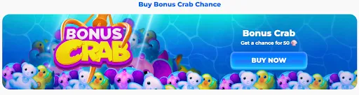 Bonus Crab chance banner featuring plush toys and Buy Now button Buy Bonus Crab chance banner with colorful plush toys and Buy Now button