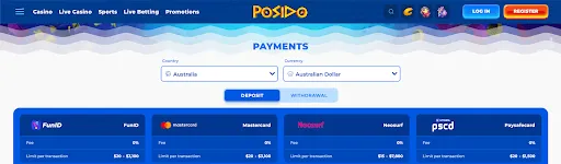 Posido payments page showing country and currency selectors with deposit and withdrawal options