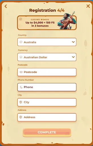 Posido registration form – final step with country, currency, and contact inputs Posido registration step 4 popup displaying country, currency, and address fields under selected casino bonus banner