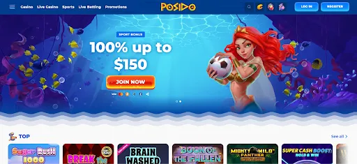 Posido casino homepage banner with underwater theme showing Poseidon holding a trident and a 'Join Now' button