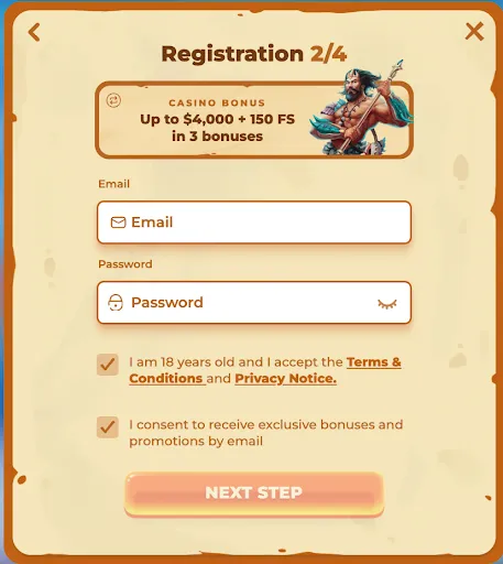 Posido registration form – step 2 of 4 with bonus banner and login inputs Posido registration step 2 popup showing selected casino bonus banner with email and password fields