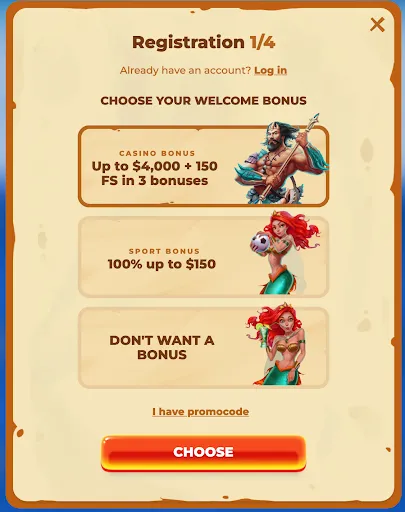 Posido registration step 1 modal showing bonus options for casino and sport with mermaid illustrations