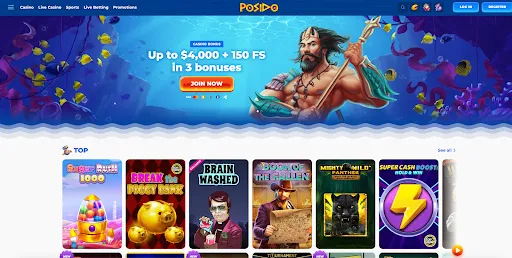 Posido hero banner featuring Poseidon and the $4,000 + 150 FS welcome bonus Posido homepage hero banner showing Poseidon with trident under the sea and text ‘Up to $4,000 + 150 FS in 3 bonuses’