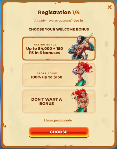 Posido registration welcome bonus selection popup – step 1 of 4 Posido registration step 1 popup displaying welcome bonus options with Poseidon and mermaid illustrations