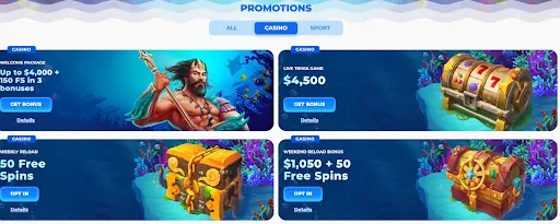 Posido promotions section header with tabs 'All', 'Casino', and 'Sport'