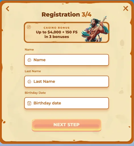 Posido registration form – step 3 of 4 with personal details inputs and bonus banner Posido registration step 3 popup showing name, last name, and birthday date fields under selected casino bonus banner